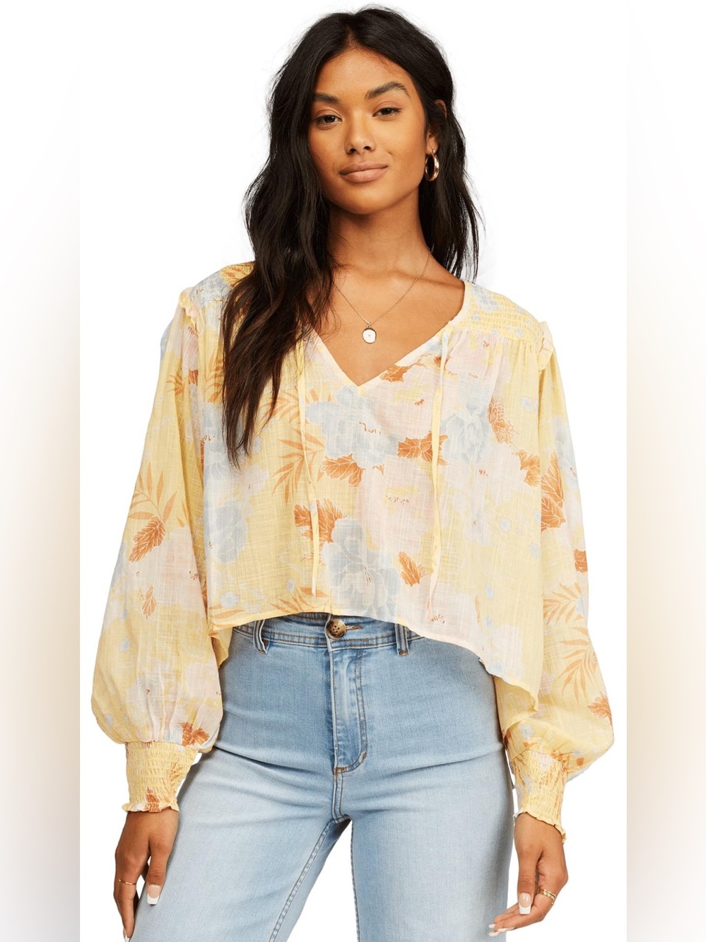 Billabong Late Night Yellow Light Cotton Floral Summer Cropped Smocked Blouse M